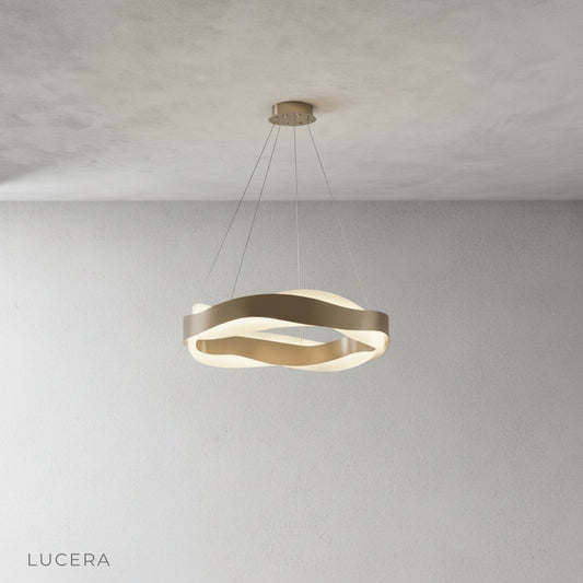 front view of zinc yellow chandelier on clean white background showing integrated LED strips
