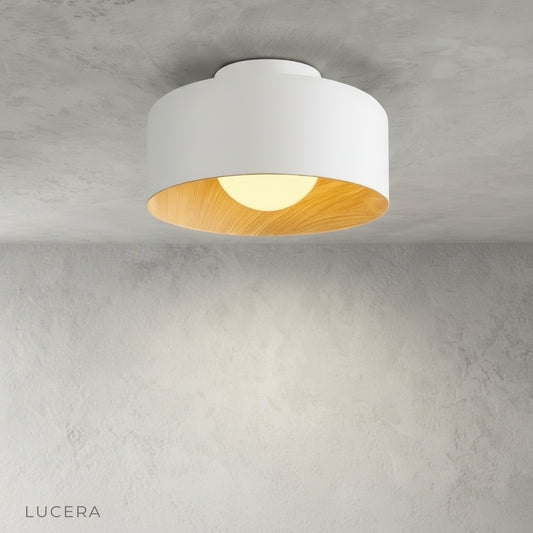 black Glorious Ceiling Light front view in studio showing metal frame and wood interior
