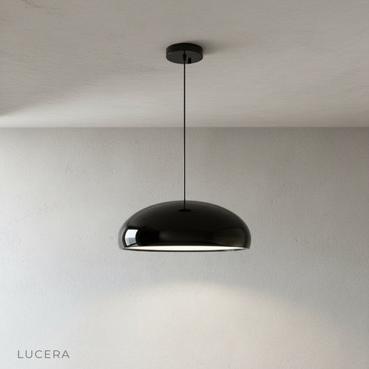 minimalist tawny pendant light on clean white background showing aluminum inner reflector