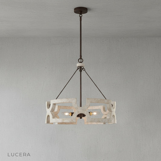 studio shot of Yew chandelier with geometric wood and iron arches on clean white background
