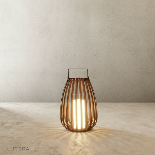 minimalist rattan garden lamp side view on clean background