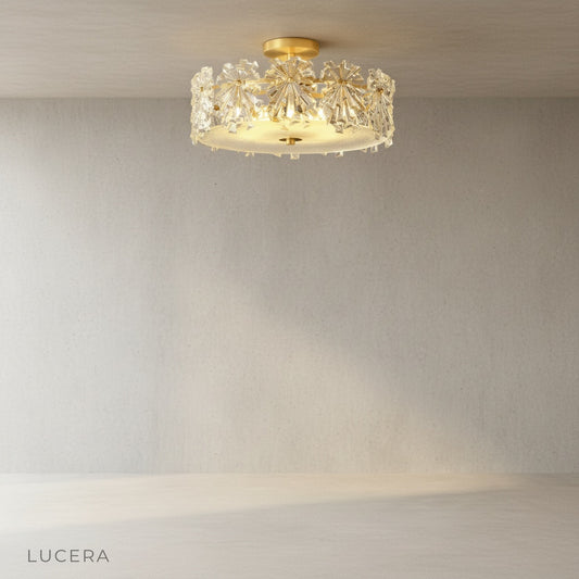 front view of Japonica ceiling light against white background showing intricate glass refractors