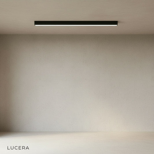 Mazurka ceiling light studio shot showing sleek metal and acrylic construction, side profile