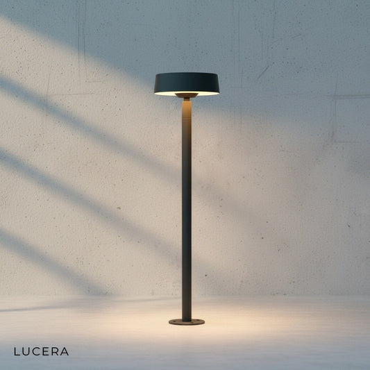 close-up of brushed aluminum finish and frosted glass diffuser on bollard