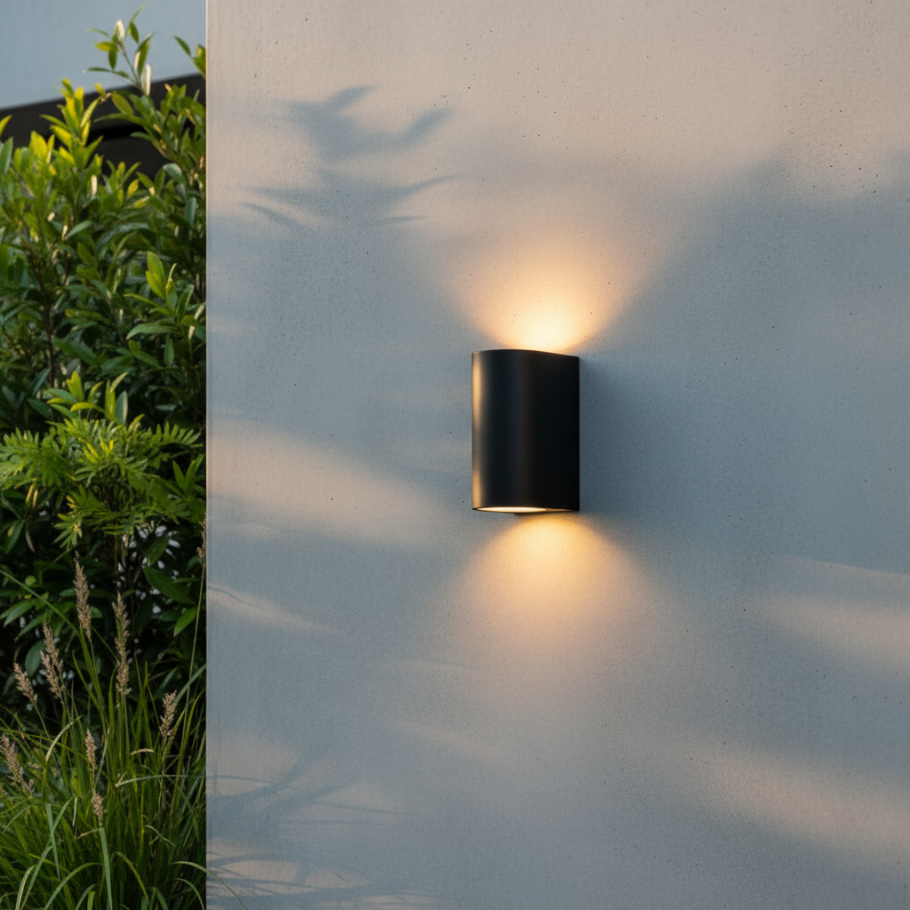 modern black outdoor wall lamp casting warm light on wood siding at dusk