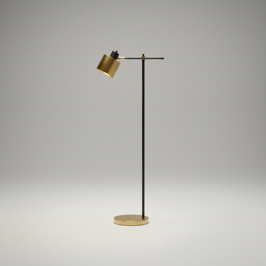 Studio shot of Lume Floor Lamp with slender iron frame and cylindrical shade