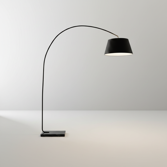 studio shot of Wulfric floor lamp with marble base and metal arc front view