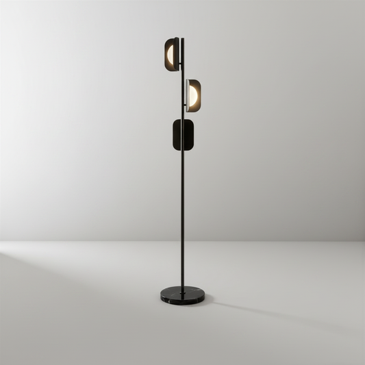 studio shot of glacial floor lamp with layered acrylic shades on clean white background