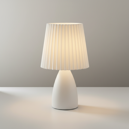studio shot Wistful Table Lamp front view ceramic body beige pleated lampshade