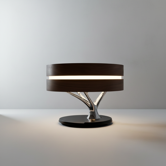 Minimalist Sanctum table lamp studio front view with rounded acrylic shade and wood base