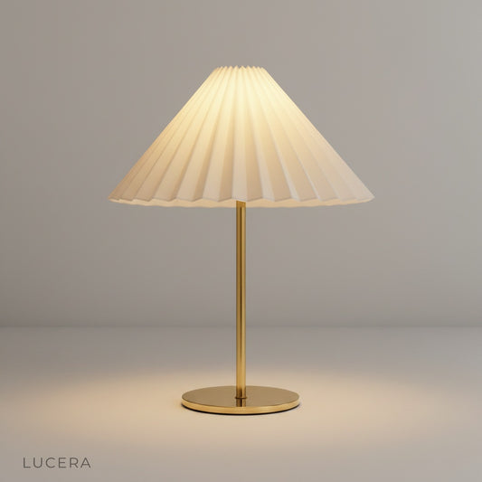 Ysabel Table Lamp studio shot on clean white background showing full front view of brass base and pleated shade