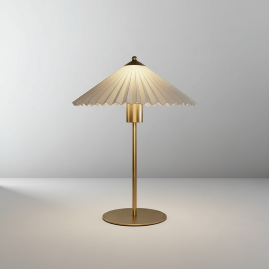 Lucera Dome Table Lamp studio shot front view with brushed gold base and off-white shade