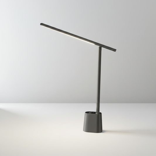 Silenzio table lamp studio shot front view with matte aluminum base and white polycarbonate shade