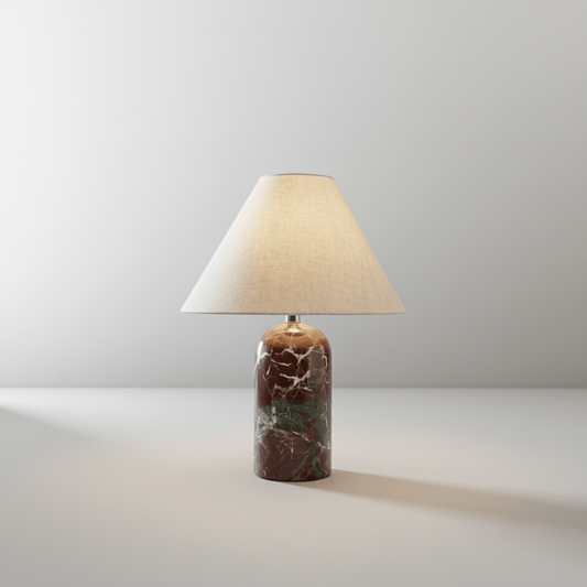 Studio shot of Xerophytic Table Lamp with natural marble base and cream fabric shade