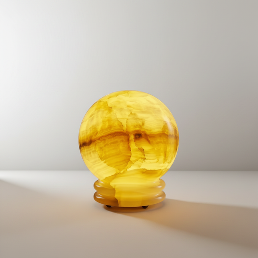 studio shot of solid marble sphere table lamp with subtle tiered base on neutral gray background