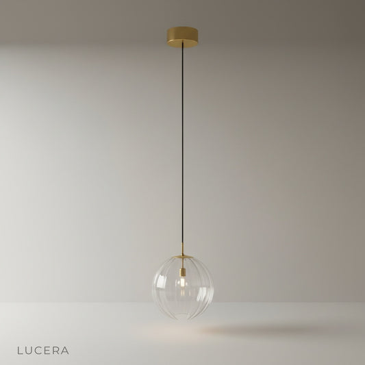 Lucera Tramonto spherical stained glass pendant lamp on clean white studio background
