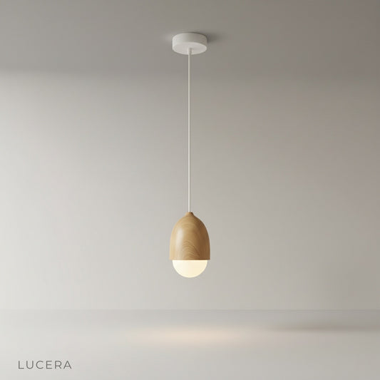 studio shot of Holly pendant light with wood-look finish against clean white background
