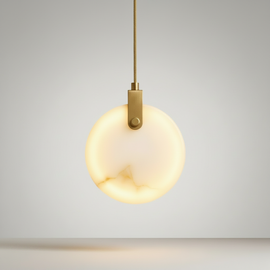 studio shot of spherical alabaster shade with brass suspension