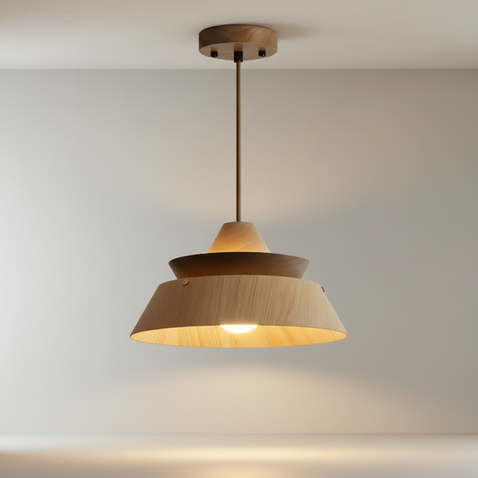 studio shot of Zacharie pendant light with natural wood slats against white background