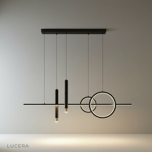 Gold Trim Pendant Light studio shot on clean white background showing sculptural rings and cylinders