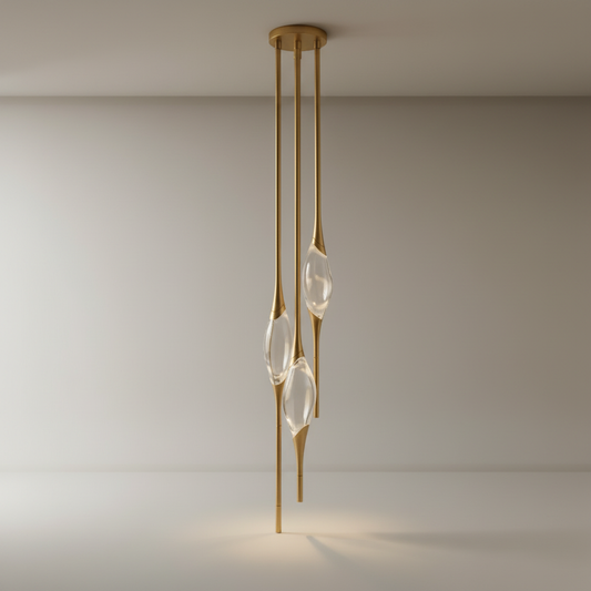studio shot of Indus pendant light with clear asymmetrical crystal on black background