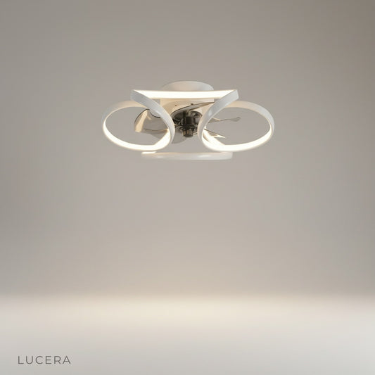 studio shot of Valentin ceiling light and fan with sleek white finish