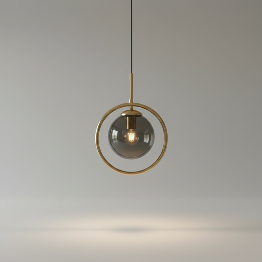 Caelus pendant light studio shot on clean white background showing gold metal ring and glass sphere