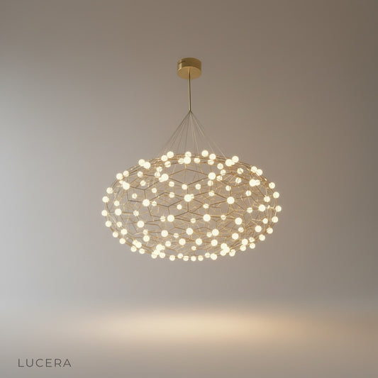 Studio shot of Hippolyta Chandelier front view with clear acrylic globe clusters on steel frame