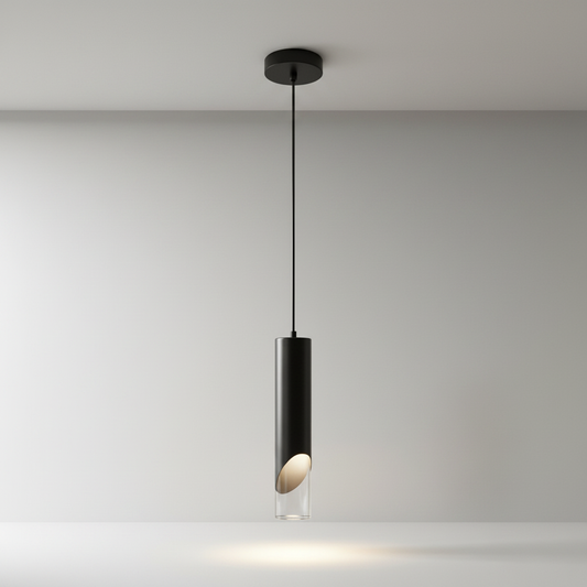 Winifred pendant light studio shot front view with aluminum shade and acrylic diffuser