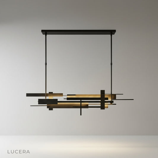 Cassiopeia chandelier studio shot front view with sleek abstract iron frame