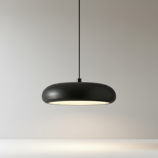 studio shot of black iron pendant light with acrylic diffuser on clean background