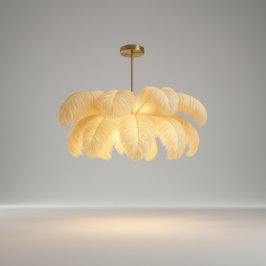 studio shot of Friar chandelier with black metal frame and white feather accents