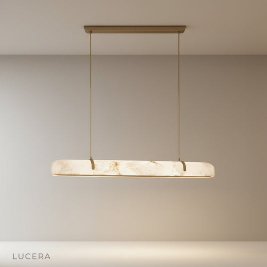 studio shot of Nerissa linear chandelier with sleek copper frame and white alabaster glass