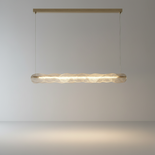 studio shot of sculptural copper pendant with textured glass shade on clean background