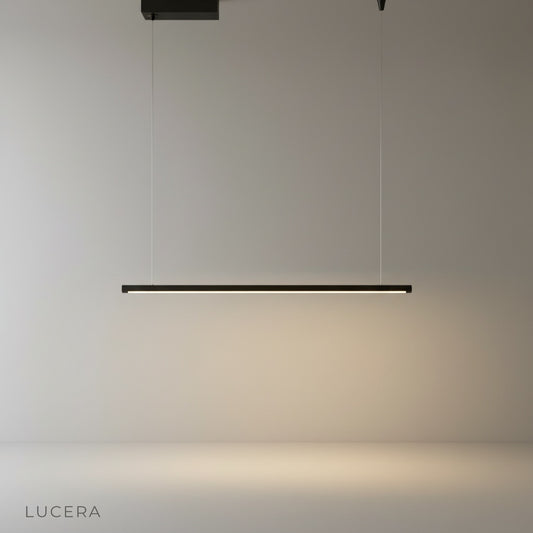 sleek Rufous linear chandelier with strip lamps on clean white studio background