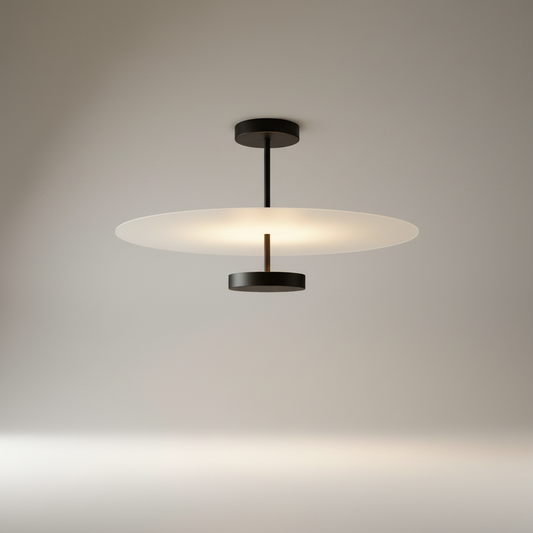 studio shot of lavished ceiling light with sleek metal frame and wide acrylic diffuser