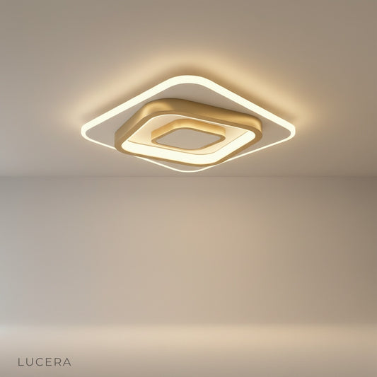 Ursa Ceiling Light studio view showing layered metal and acrylic square design