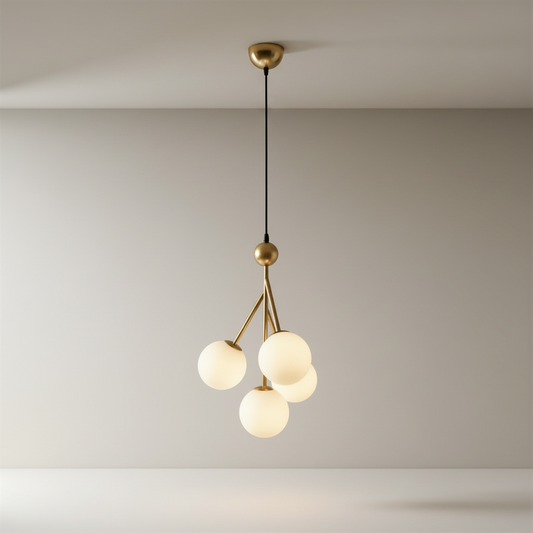 studio shot of Xaverian pendant light with black metal frame and clear glass balls