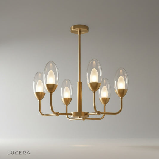 studio shot of copper chandelier with geometric arms and warm candle-like bulbs on clean background