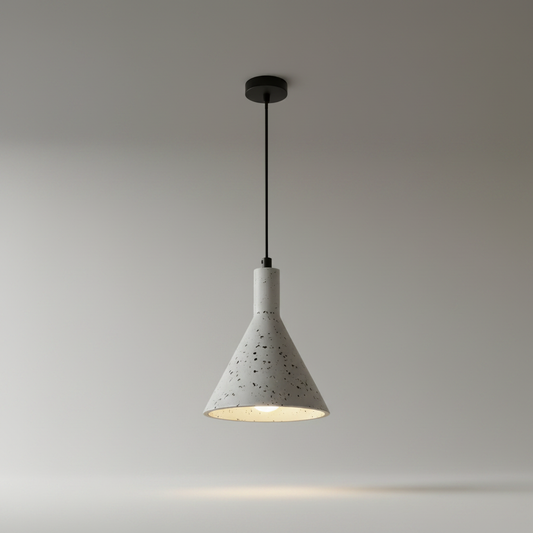 studio shot of Violetta terrazzo pendant light cylinder-to-cone silhouette on clean white background