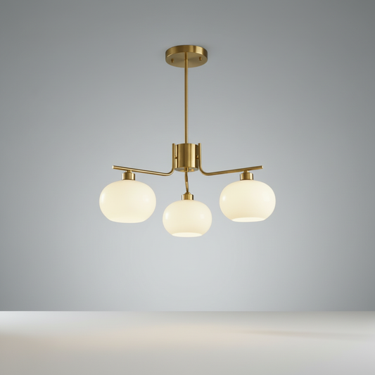 Studio shot of the Tempo Chandelier in a linear 6-head configuration with opal glass globes