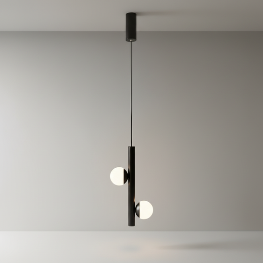 studio shot of mellow pendant light with cylindrical iron rods and acrylic orbs