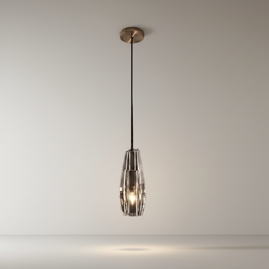 studio shot of Undine linear chandelier with sleek copper frame and clear crystal glass shades on white background