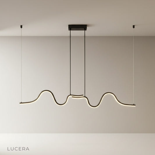 Jovial wave-shaped aluminum pendant light on clean white studio background