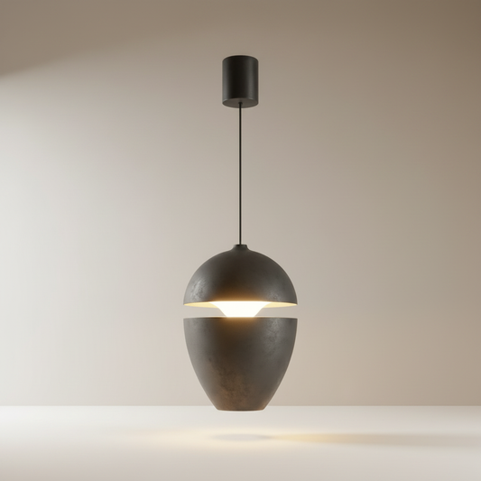studio shot of Triste pendant light front view with sleek black aluminum and glass