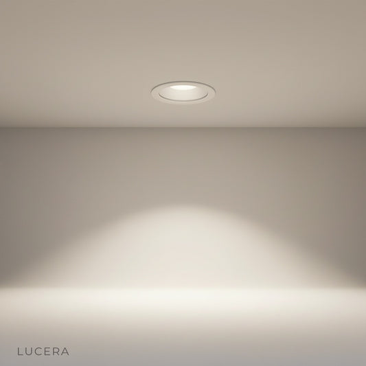 Lucera Brevity downlight studio view showing aluminum housing and deep-set reflector