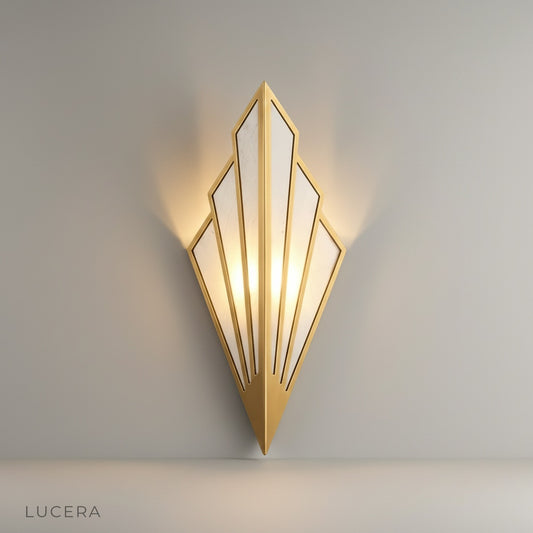 Guardian Wall Lamp studio front view with symmetrical brass frame and white linen shade