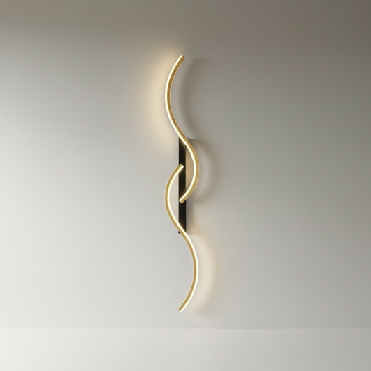studio shot of sleek linear aluminum wall lamp front view on clean white background