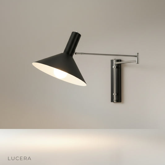 Cornice wall lamp studio shot on clean white background, red lacquered shade and telescopic arm