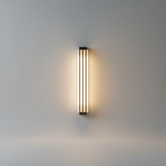 studio shot of layered marble and copper wall sconce front view